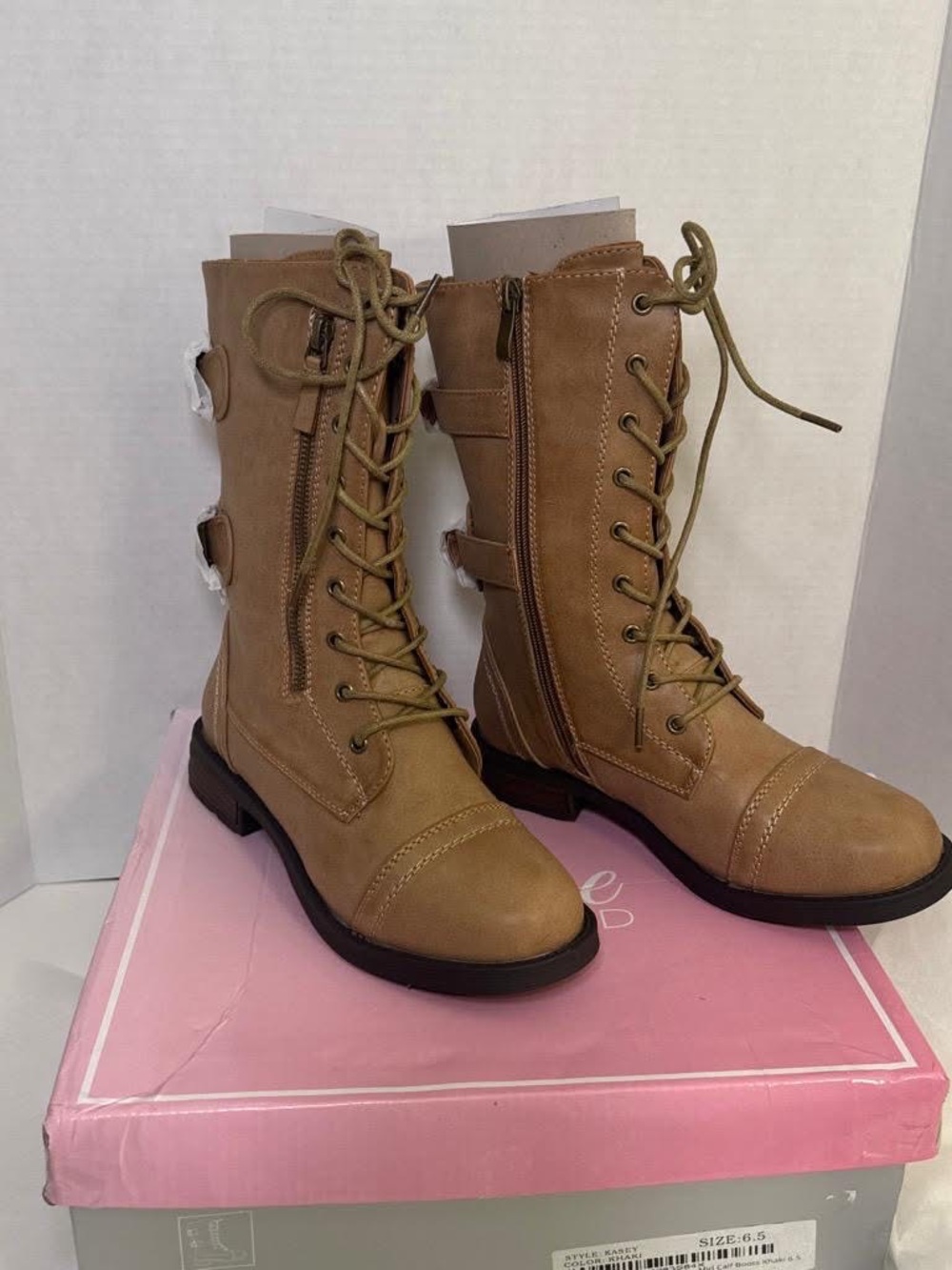 Shoe land/Women's Tan Lace-Up Combat Booties with Side Zip